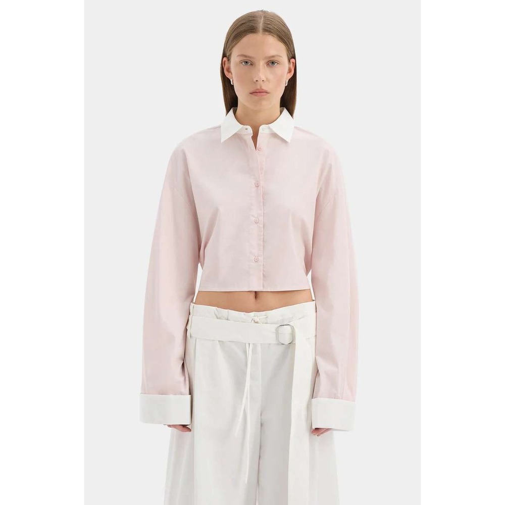 SIR. Milo Cropped Shirt Pink White Contrast Collar Button Down Size 0 NEW